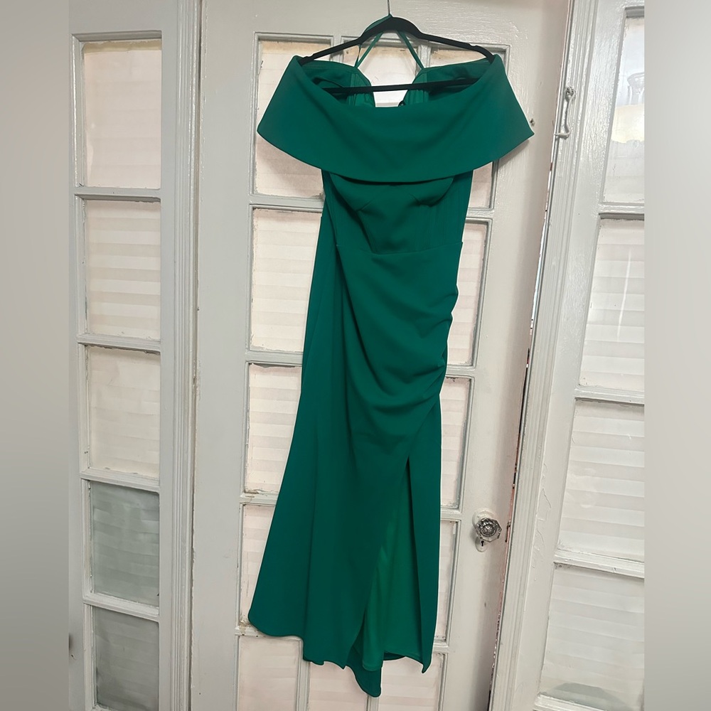 Adam Green Ruched Off-Shoulder Gown